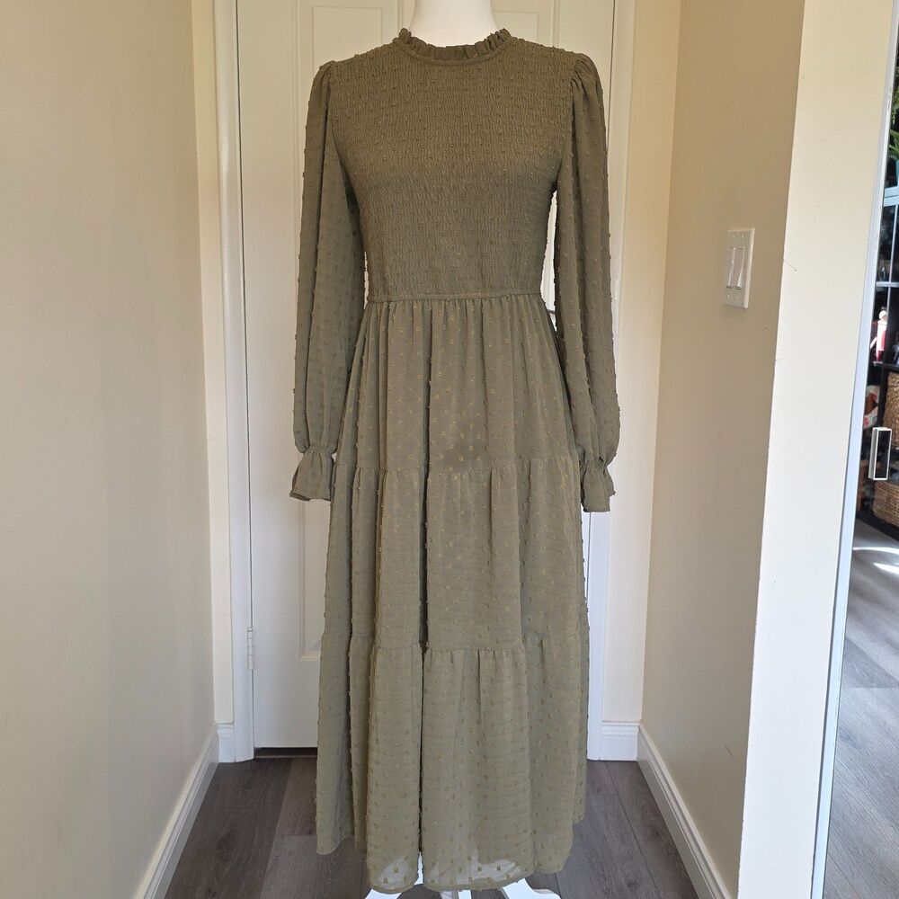 By The River Green Smocked Tiered Maxi Dress Women’s L Prairie Boho High Neck